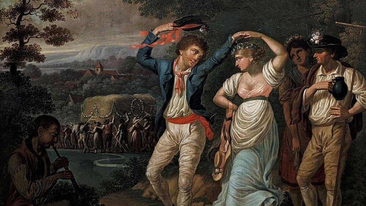 Schützenscheibe zum Erntedankfest am 15. September 1817 mit einem Tanzenden paar im Vordergrund, einem Flötenspieler im linken Bildrand und einer großen Gruppe von Menschen die einen Heuballen schmücken im Hintergrund