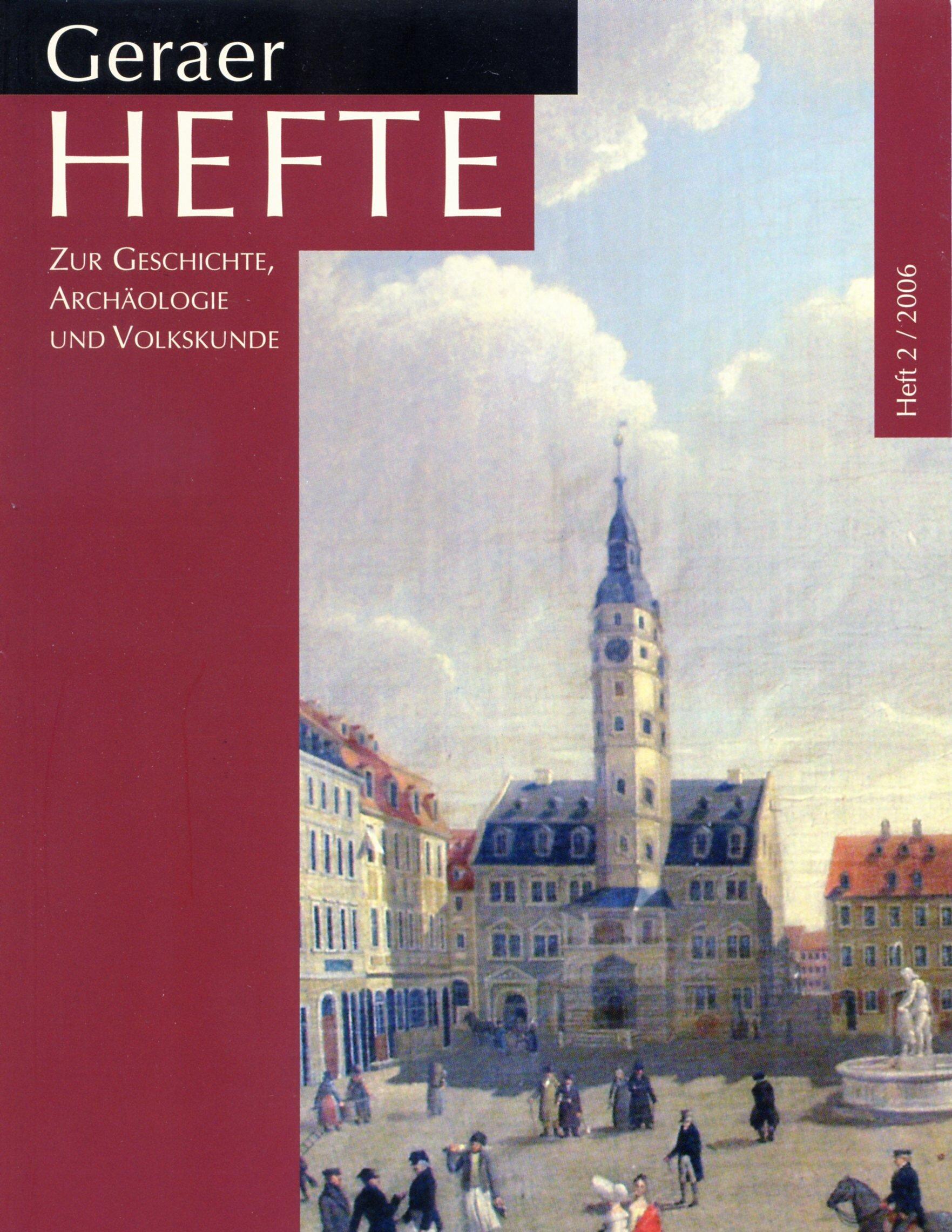 schwarzes, dunkelrotes Cover Geraer Hefte 2 mit Gemälde des Marktplatzes mit altem Rathaus und Simsonbrunnen