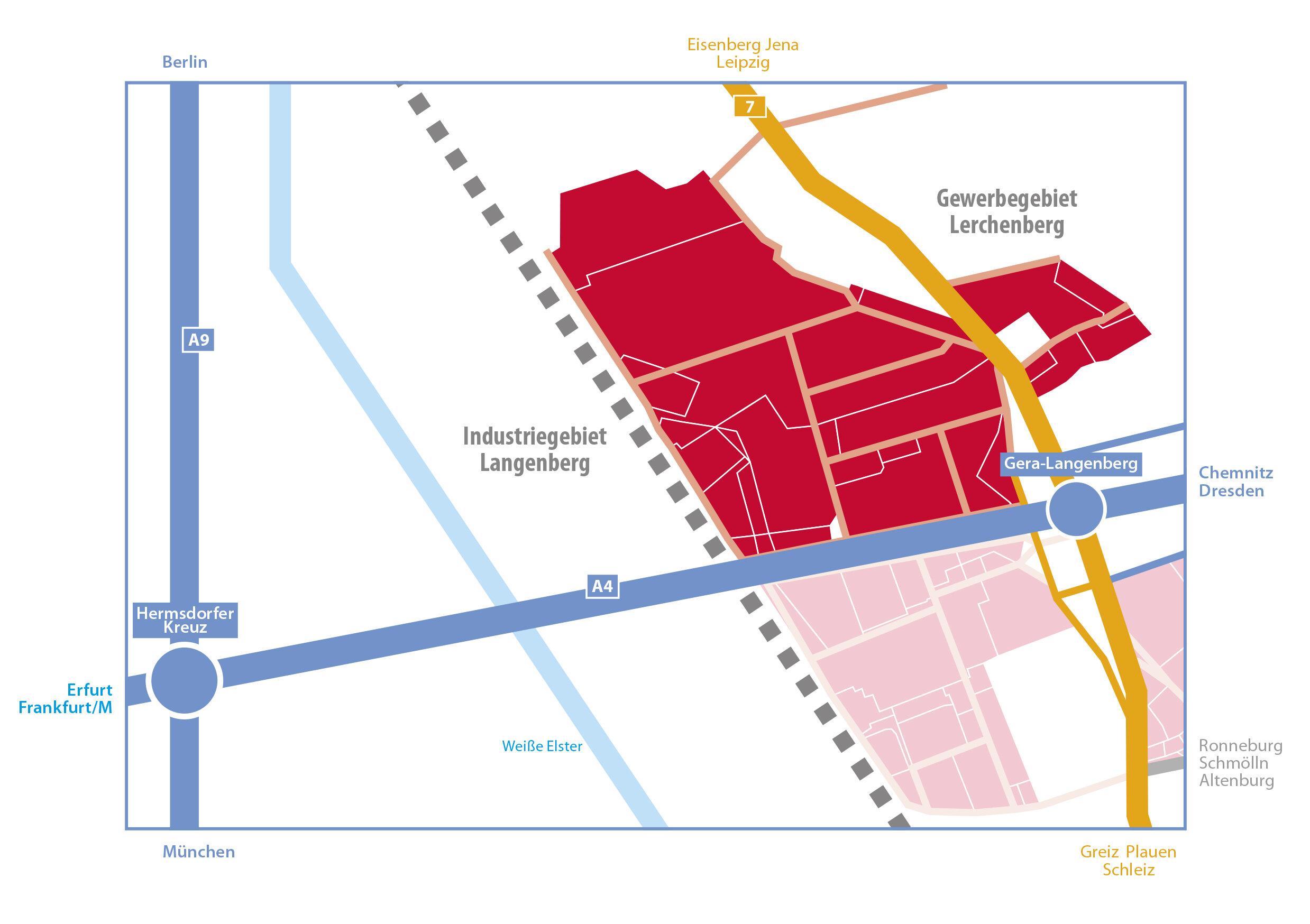 Die Karte zum Industriegebiet Gera Langenberg zeigt die unmittelbare Anbindung an die Bundesstraße 2 und als rosé markierte Fläche die direkte Nachbarschaft zum Industriegebiet Lerchenberg. 