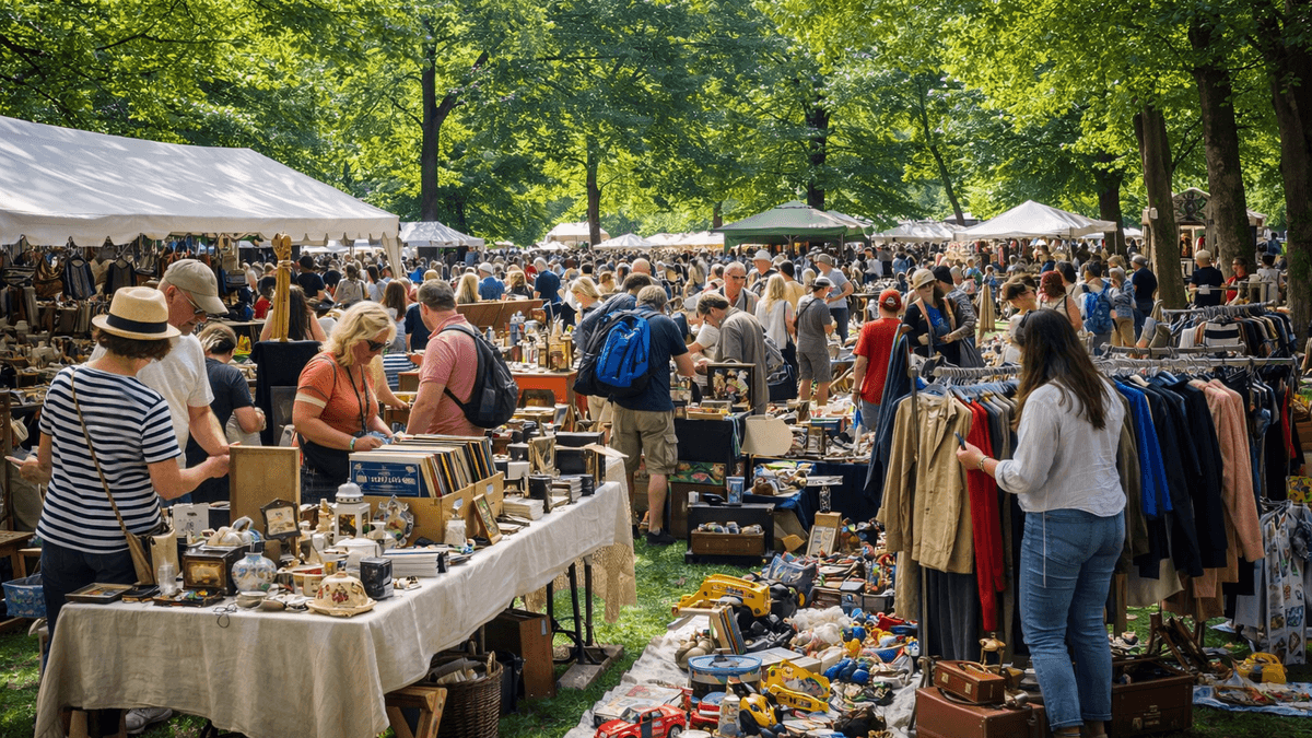 KI-generierte Darstellung eines lebendigen Trödelmarktes im Park. © KI / ChatGPT, OpenAI