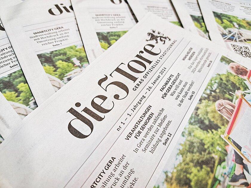 Die Titelseite des neuen Stadtjournals "die 5 Tore". © Stadt Gera
