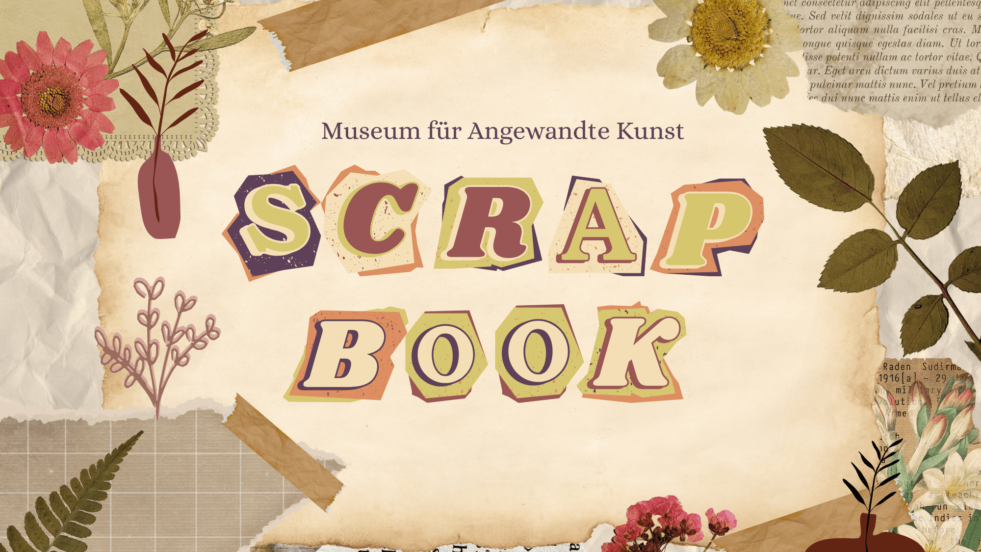 "Scrap-Book" auf einem vergilbten Zettel geschrieben. Die Buchstaben bestehen aus Papierschnipseln und sind alle unterschiedlich.. © MusAK