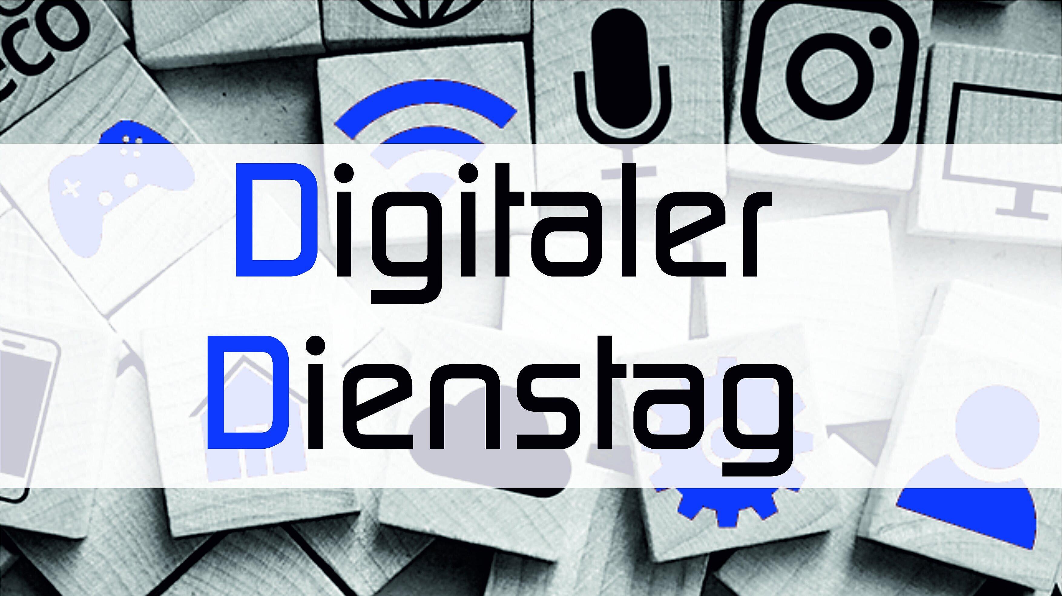 Schriftzug Digitaler Dienstag mit blauen D, im Hintergrund sind verschiedene Logos bekannter Social Media Plattformen abgebildet. © fotolia by Adobe