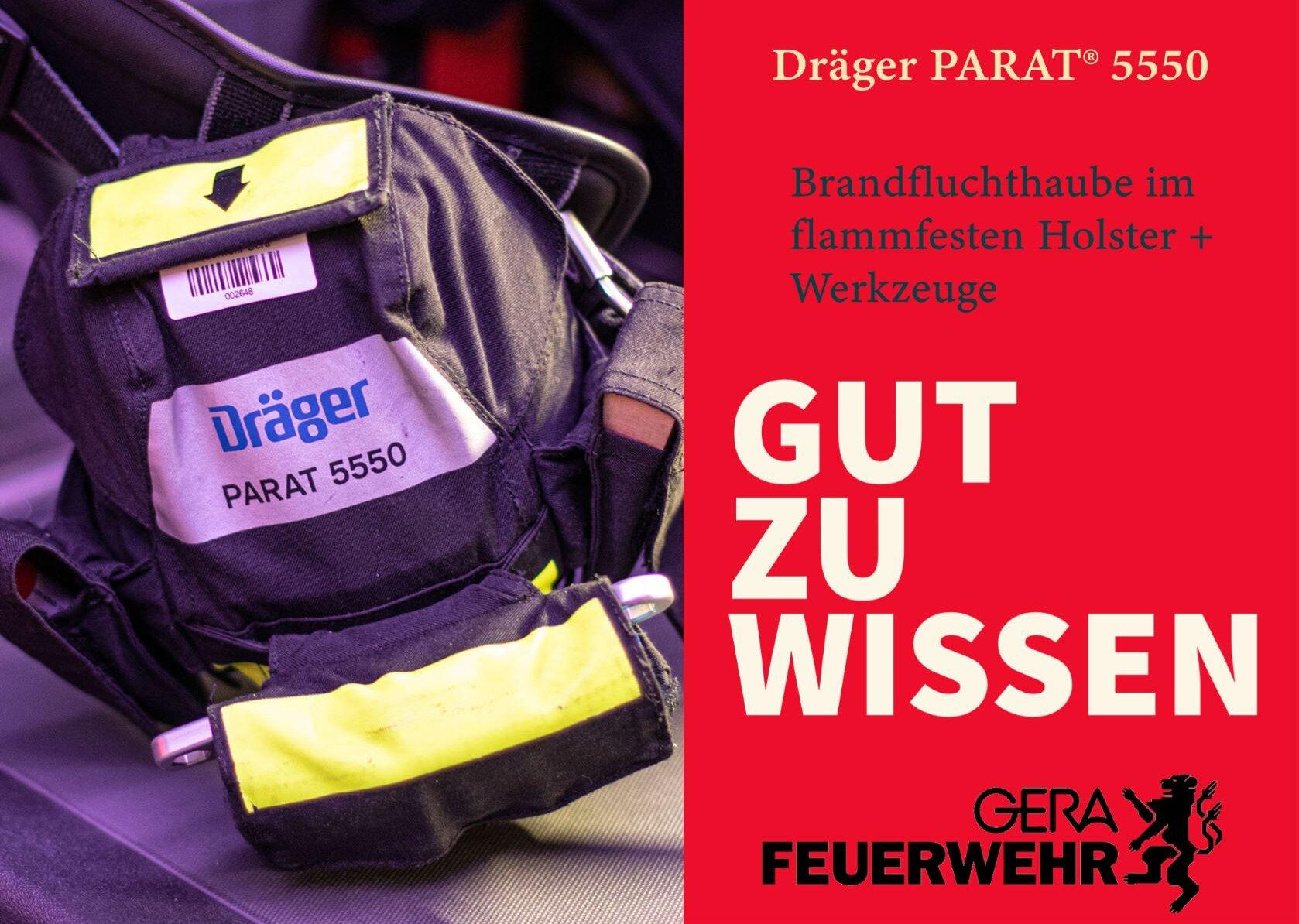 Gut zu Wissen: Brandfluchthaube im flammenfesten Holster + Werkzeuge. © Amt für Brand- und Katastrophenschutz