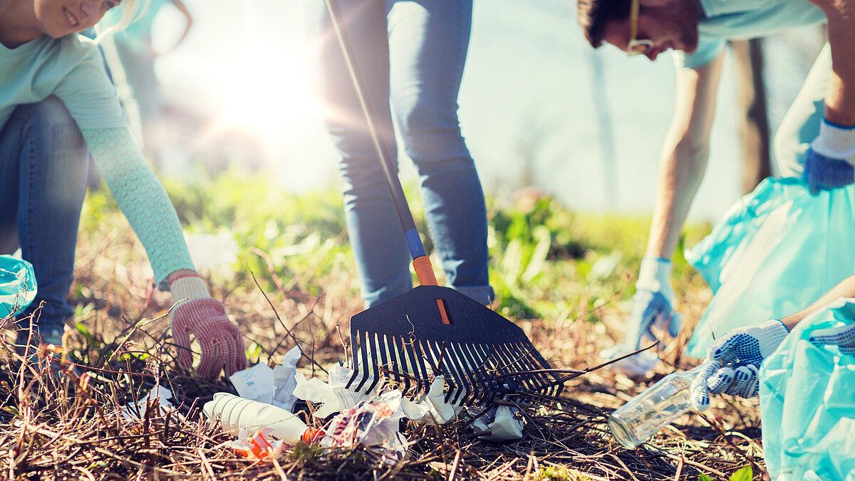 Drei Personen sammeln Müll von einer Wiese ein.. © AdobeStock