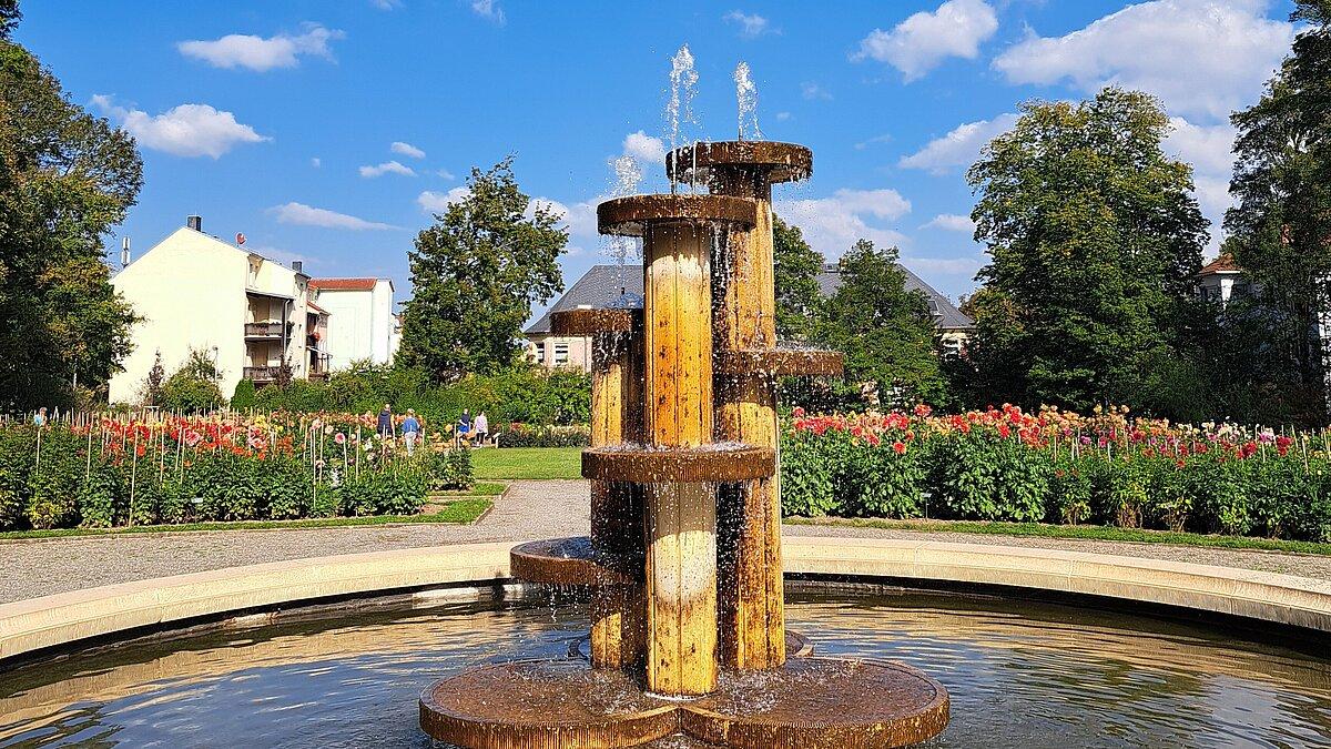 Ein Brunnen inmitten zahlreicher blühender Dahlien. © Stadt Gera