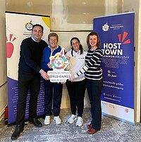 v.l.: Rene Soboll, Abteilungsleiter Sport, Ehrenamt und Städtepartnerschaften gemeinsam mit  Christabel D`Amato, Sports Director Special Olympics Malta, Anna Calleja, Delegationsleiterin aus Malta, und Christiana Martens, Koordinatorin Ehrenamtszentrale/Städtepartnerschaften 