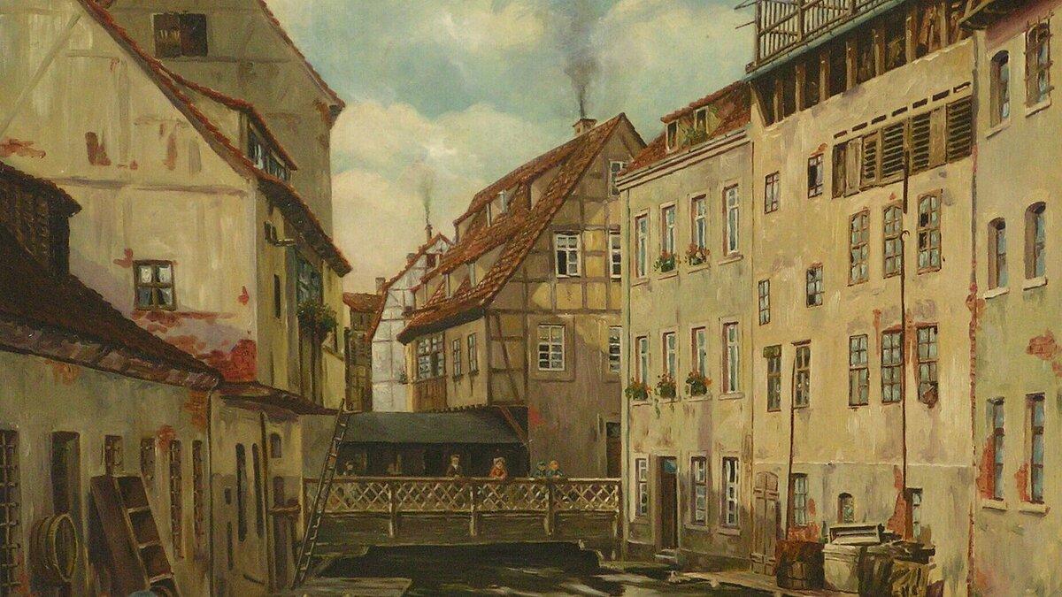 Abschnitt des Mühlgrabens mit verschiedenen Gebäuden und kleinen Brücken, die über den Graben führen, A. Schirmer 1926. © Stadtmuseum Gera