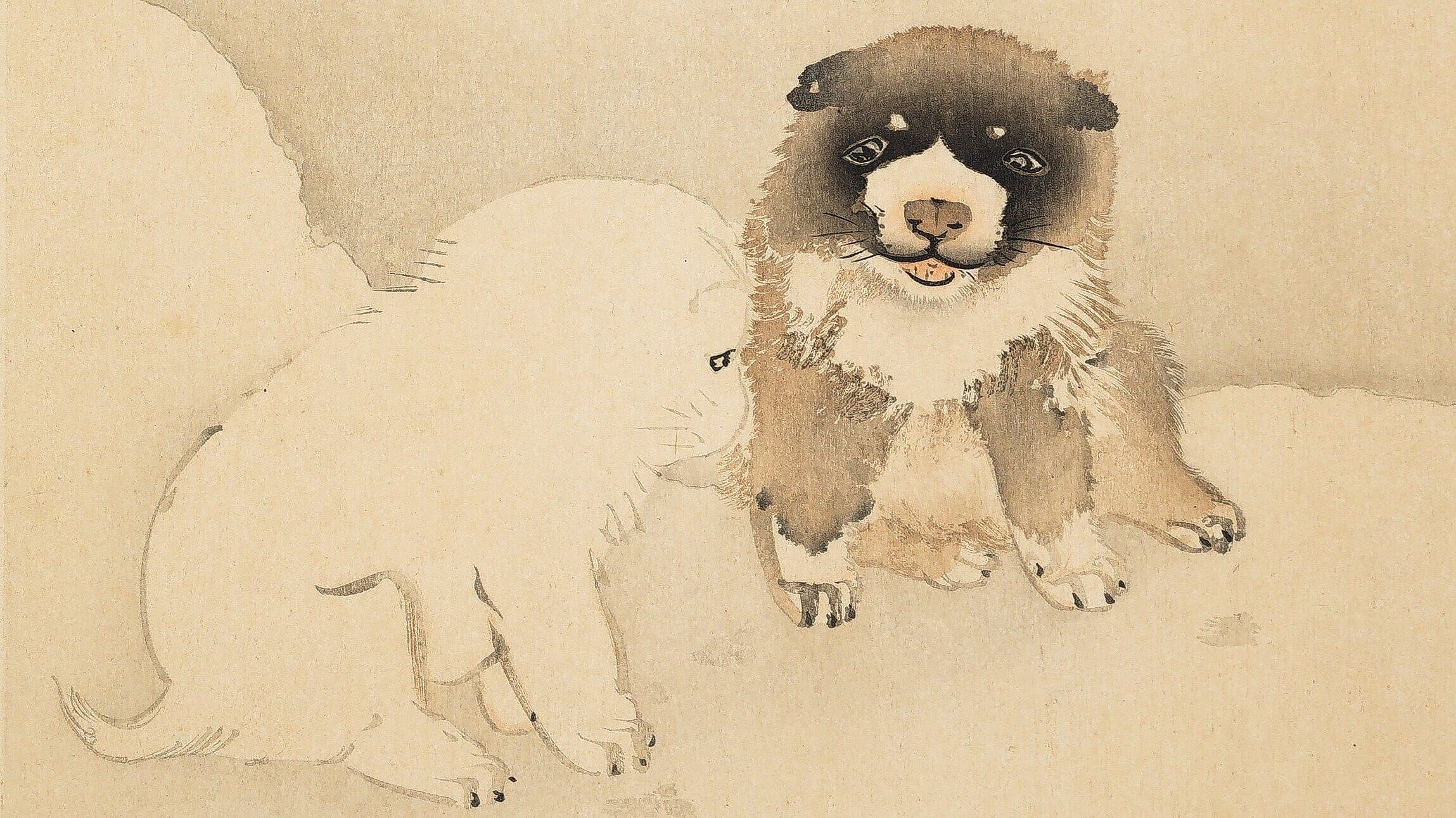Maruyama Ōkyo, Zwei Hündchen, 18. Jh., Farbholzschnitt. © Kunstsammlung Gera