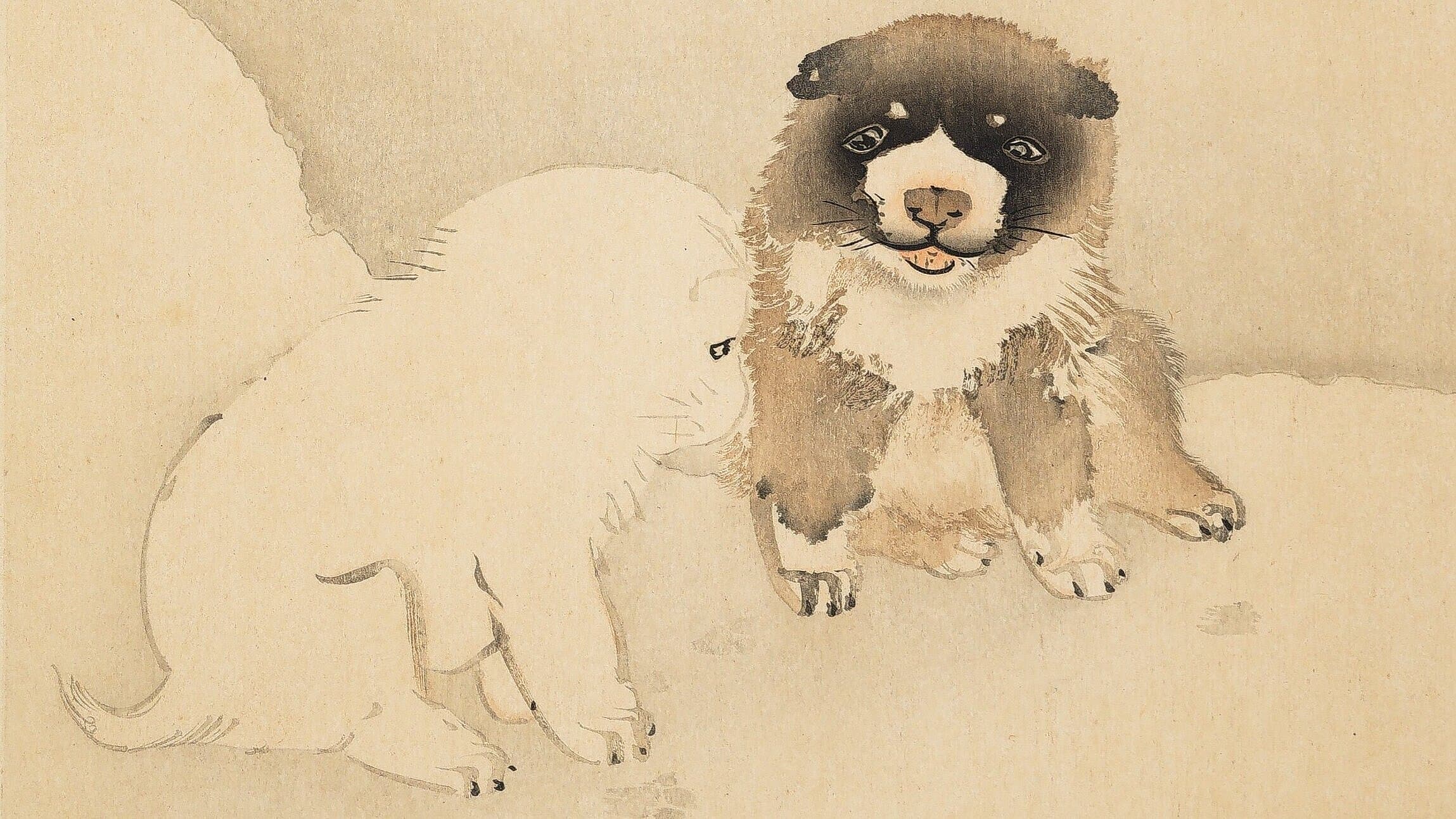 Maruyama Ōkyo, Zwei Hündchen, 18. Jh., Farbholzschnitt. © Kunstsammlung Gera