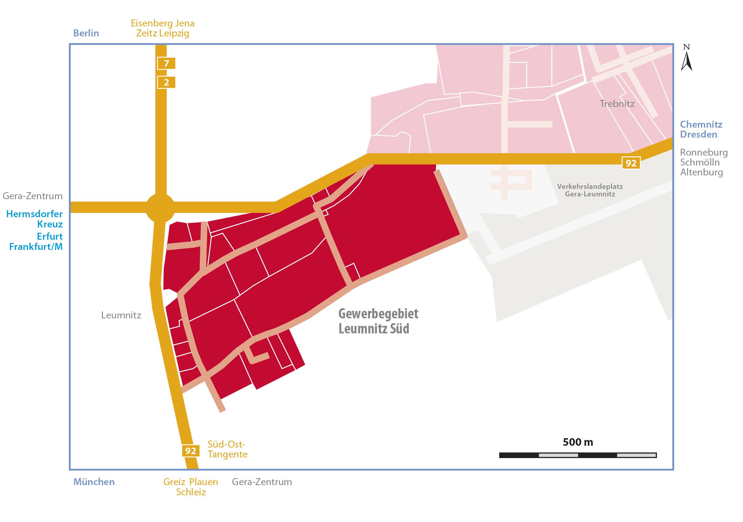 Die Karte zeigt das Gewerbegebiet Leumnitz mit den angrenzenden Bundesstraßen B92, B2 und B7. Hell hinterlegt ist auch das Nachbargebiet Trebnitz zu erkennen. 