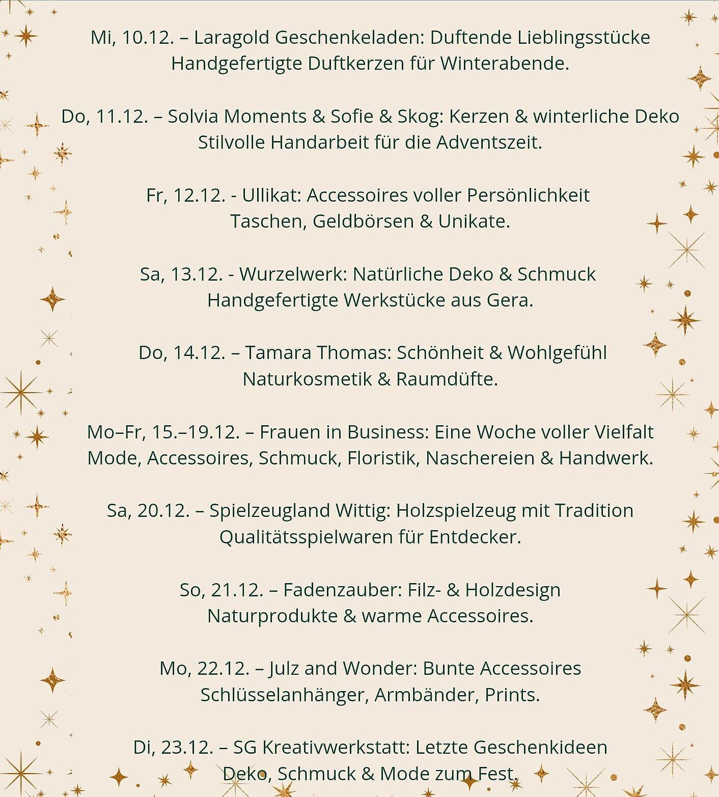 Hier sehen Sie die Fortführung der Liste der Teilnehmer der Pop-Up-Hütte 2025 und ihr Sortiment.. © Citymanagement der Stadt Gera