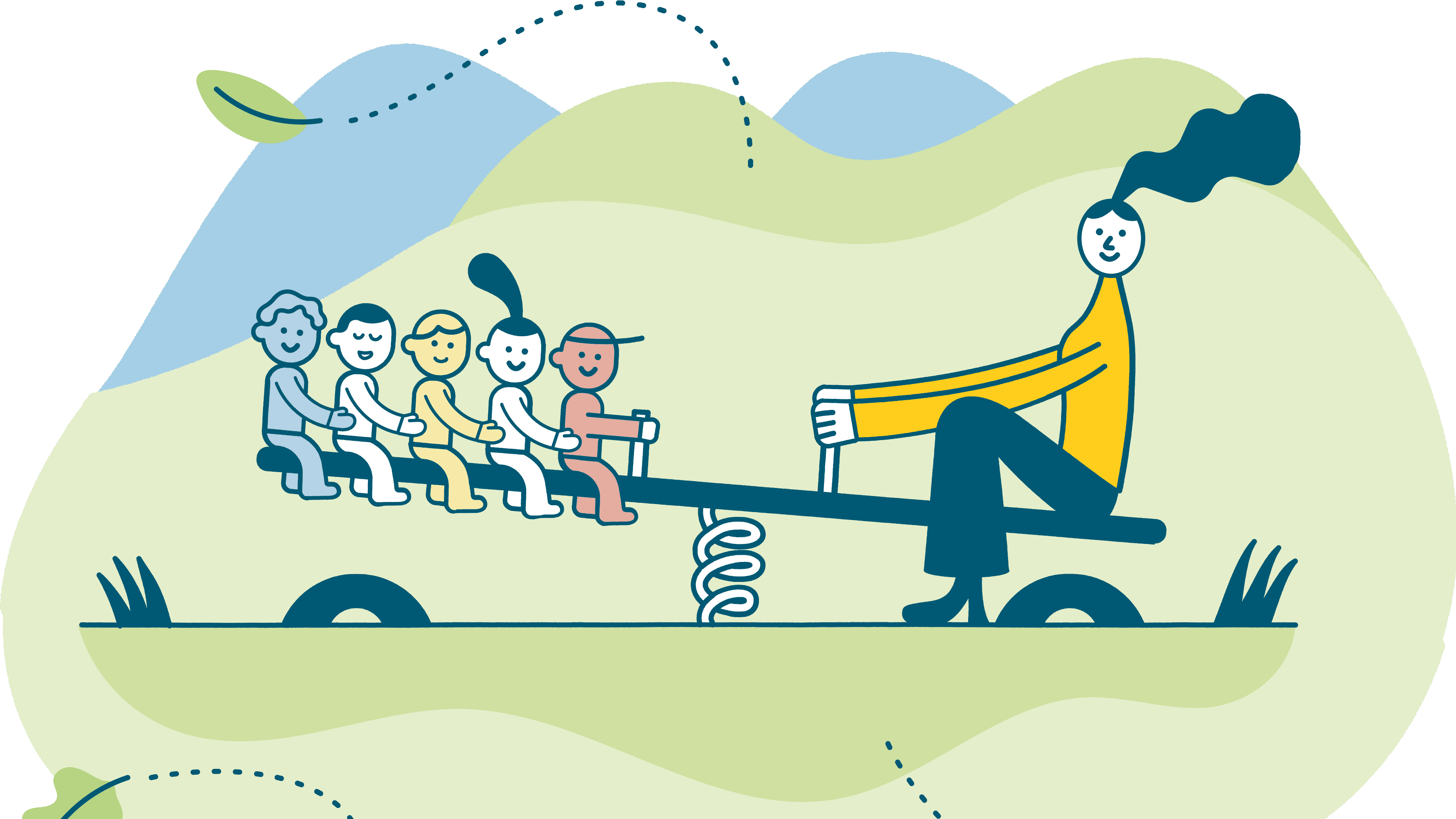 Symbolbild Kindertagesstätte, Kinder und Erzieherin auf Wippe. © donner+friends