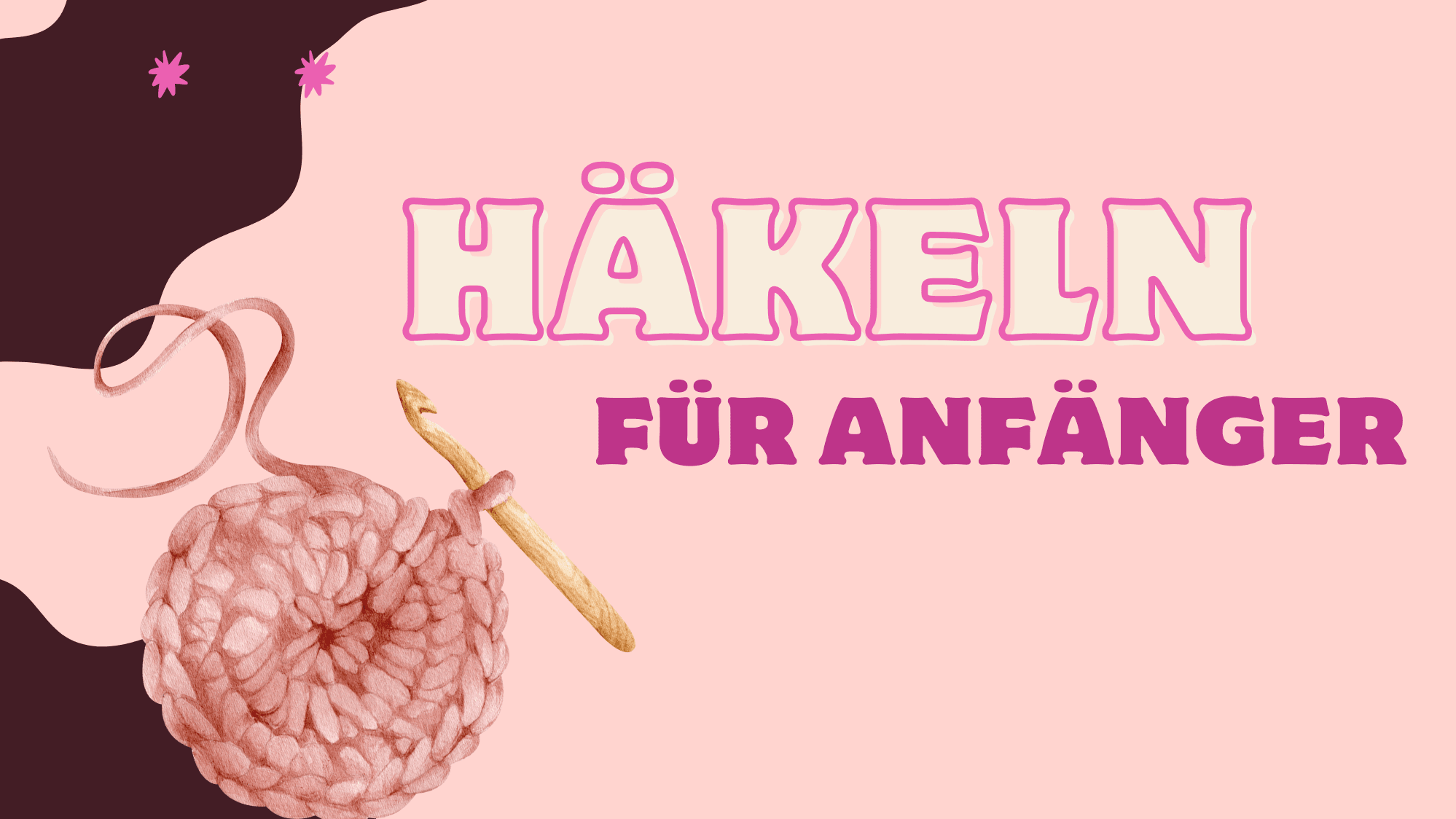 Rosa Banner mit der Aufschrift "Häkeln für Anfänger". Ein gehäkelter Kreis und eine Häkelnadel sind daneben abgebildet.. © MusAK