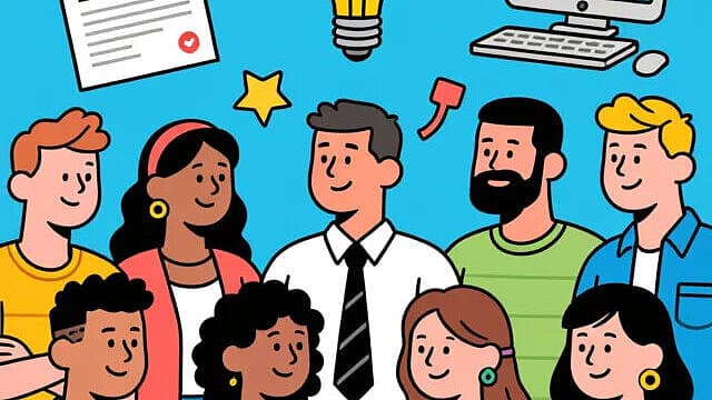 Der Stil des Bildes ist Comic. Im Vordergrund sind 9 Personen (sowohl männlich, als auch weiblich gelesen und im jugendlichen bis erwachsenen Alter). Der Hintergrund ist in Blau gehalten. Über den Personen schweben Symbole wie ein Dokument, ein Laptop oder eine Glühbirne.. © raphael