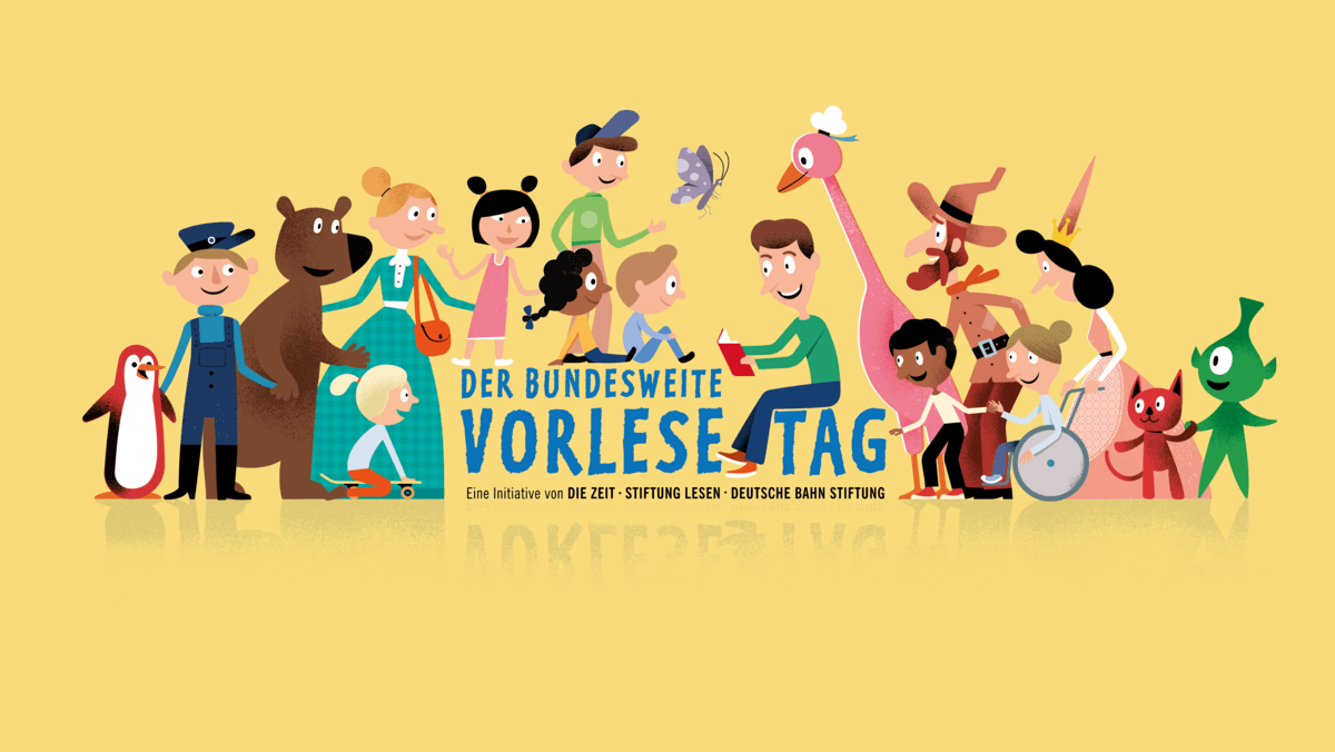 Zeichnung mit Kindern und Tieren, die um das Wort Vorlesetag tanzen. © Gert Albrecht für DIE ZEIT