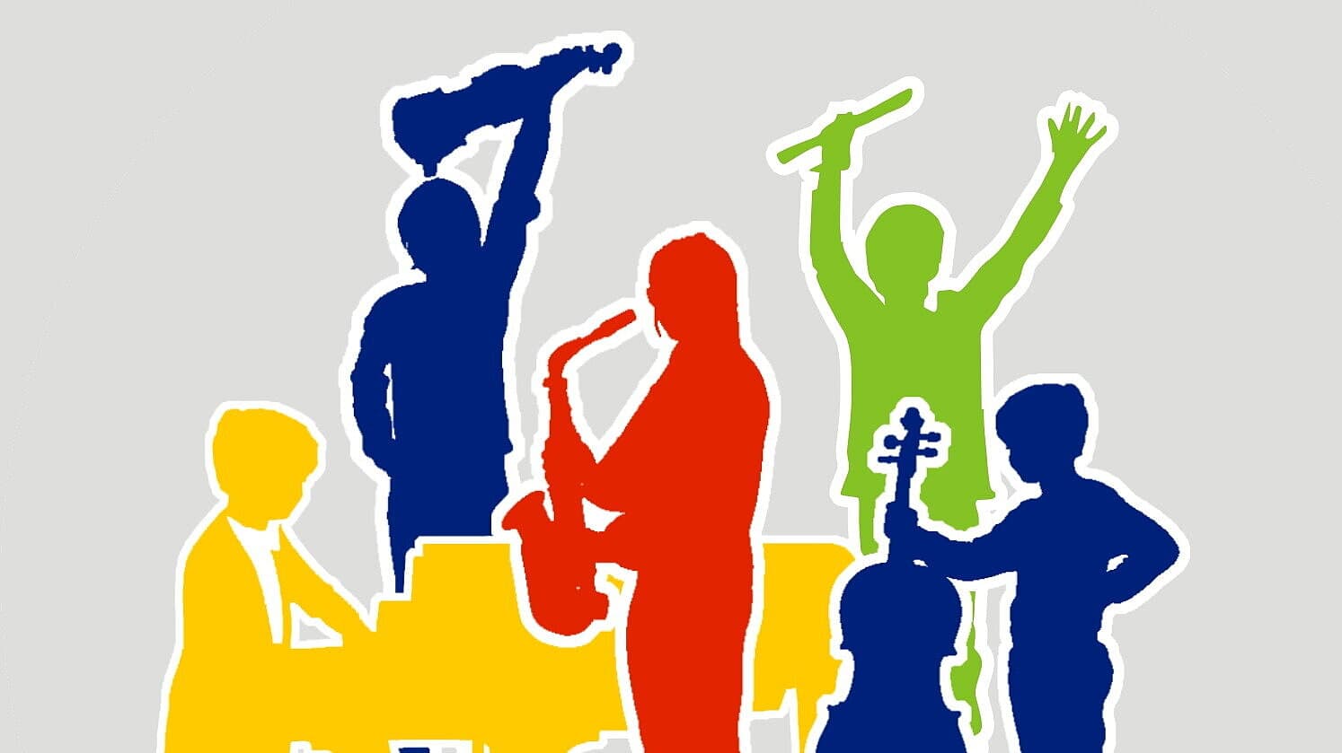 Clipart bunt mit 5 musizierenden Schülern. © Stadt Gera / H.Gwosdz, Th.Sehnert