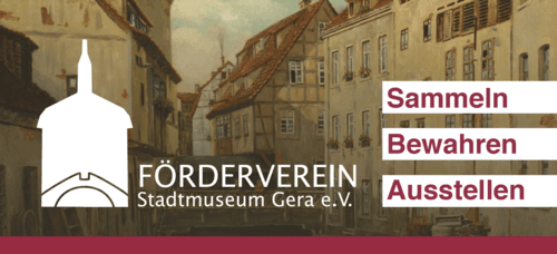 Logo des 'Fördervereins Stadtmuseum Gera e.V.' mit Umriss des Hauses im Vordergrund, sowie eines Gemäldes des Mühlgrabens im Hintergrund von A. Schirmer, 1926.