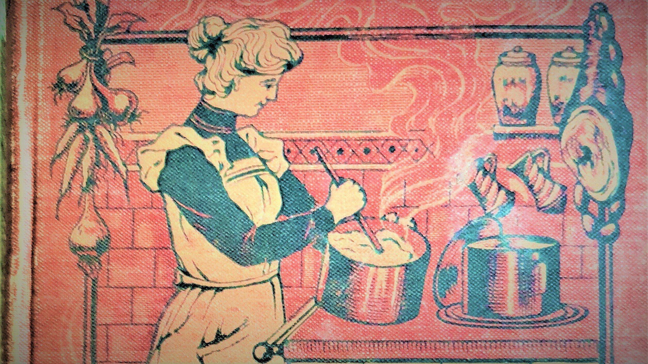 alte Zeichnung, vorwiegend in rot gehalten, einer Frau mit Schürze und Kochlöffel und Topf in der Hand. © Marion Walter
