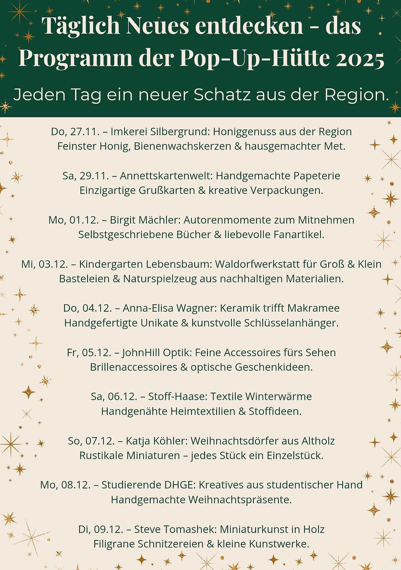 Hier sehen Sie eine Auflistung der Teilnehmer der Pop-Up-Hütte 2025 und ihr Sortiment.. © Citymanagement der Stadt Gera