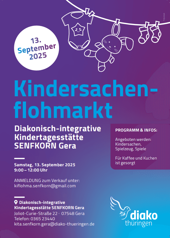 Kindersachenflohmarkt am 13. September in der Kindertagesstätte SENFKORN in Gera. © diako thüringen