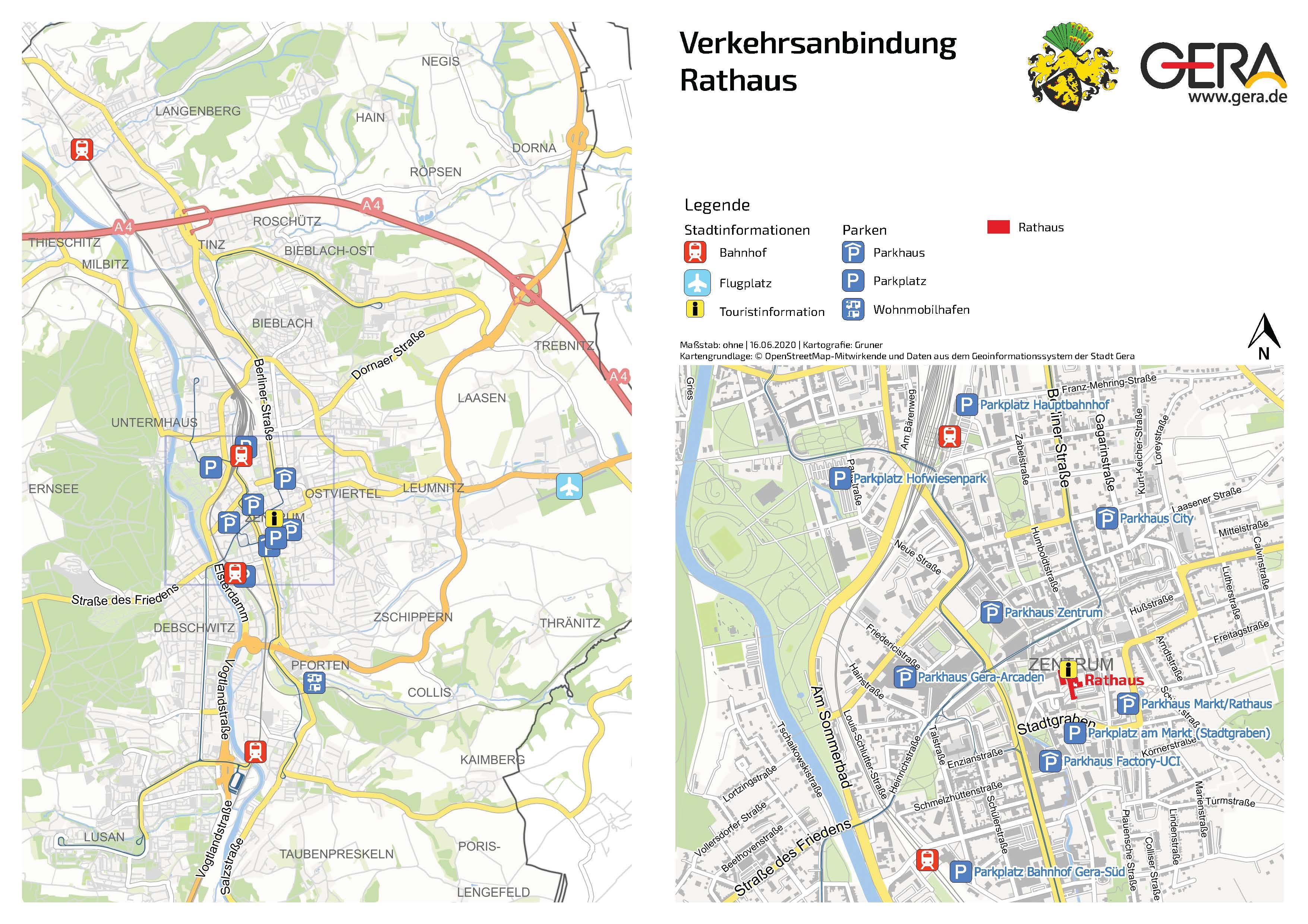 Karte der Verkehrsanbindung zum Rathaus. © Stadt Gera