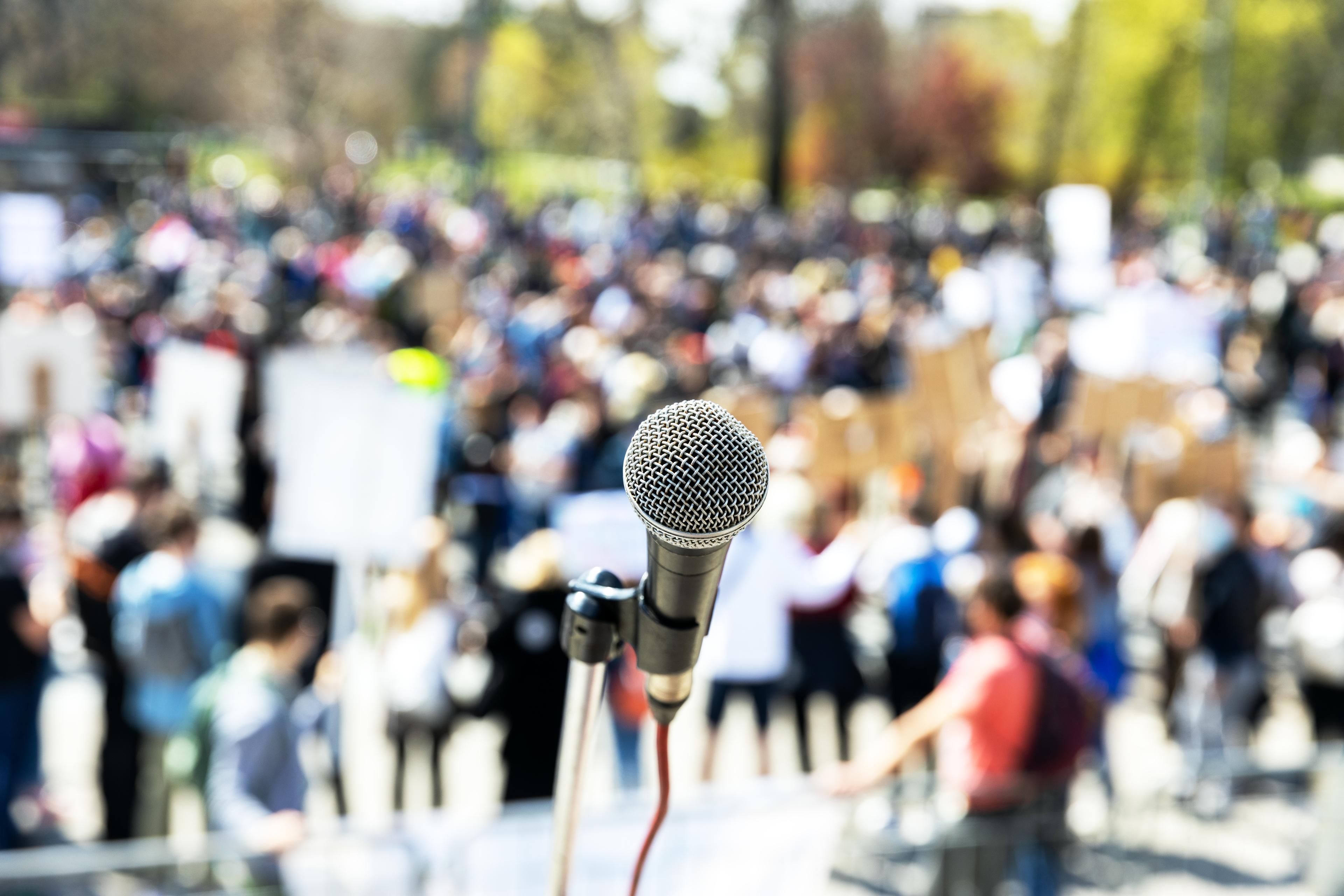 ein Mikrofon vor einer Menschenmenge. © wellphoto_stock.adobe.com