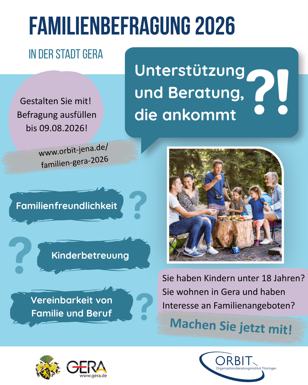 Plakat mit Eltern, Großeltern, 2 Kinder und Schriftzug mit der Bitte, an der Umfrage teilzunehmen. © Orbit