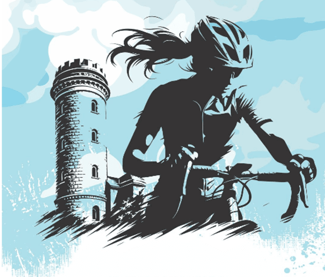 gezeichnete Frau mit Helf auf Rennrad, dahinter der Ferberturm, Blauer Hintergrund. © Stadt Gera
