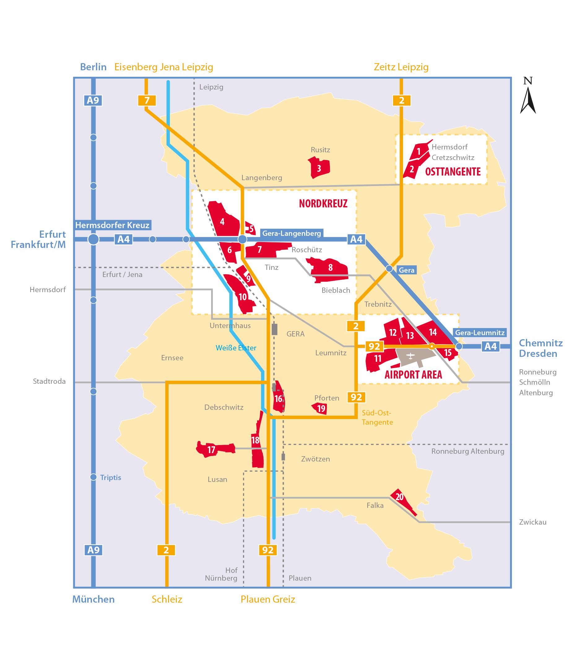 Diese Karte zeigt das die gesamten 20 Gewerbegebiete in Gera und Umgebung.. © Raatz Marketing GmbH