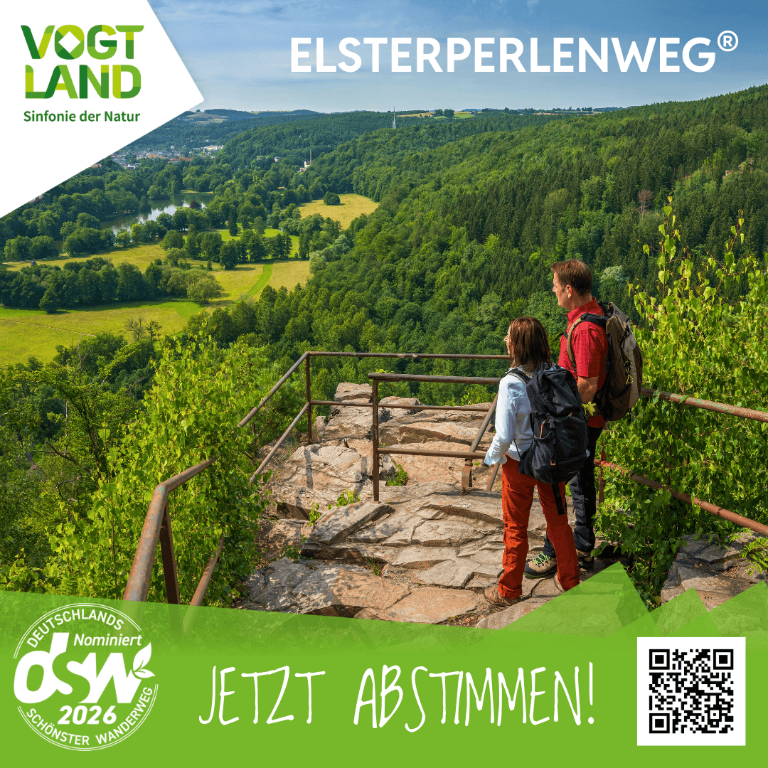 Aussichtspunkt des Elsterperlenweges mit viel Landschaft und Wäldern. © TVV/DSW