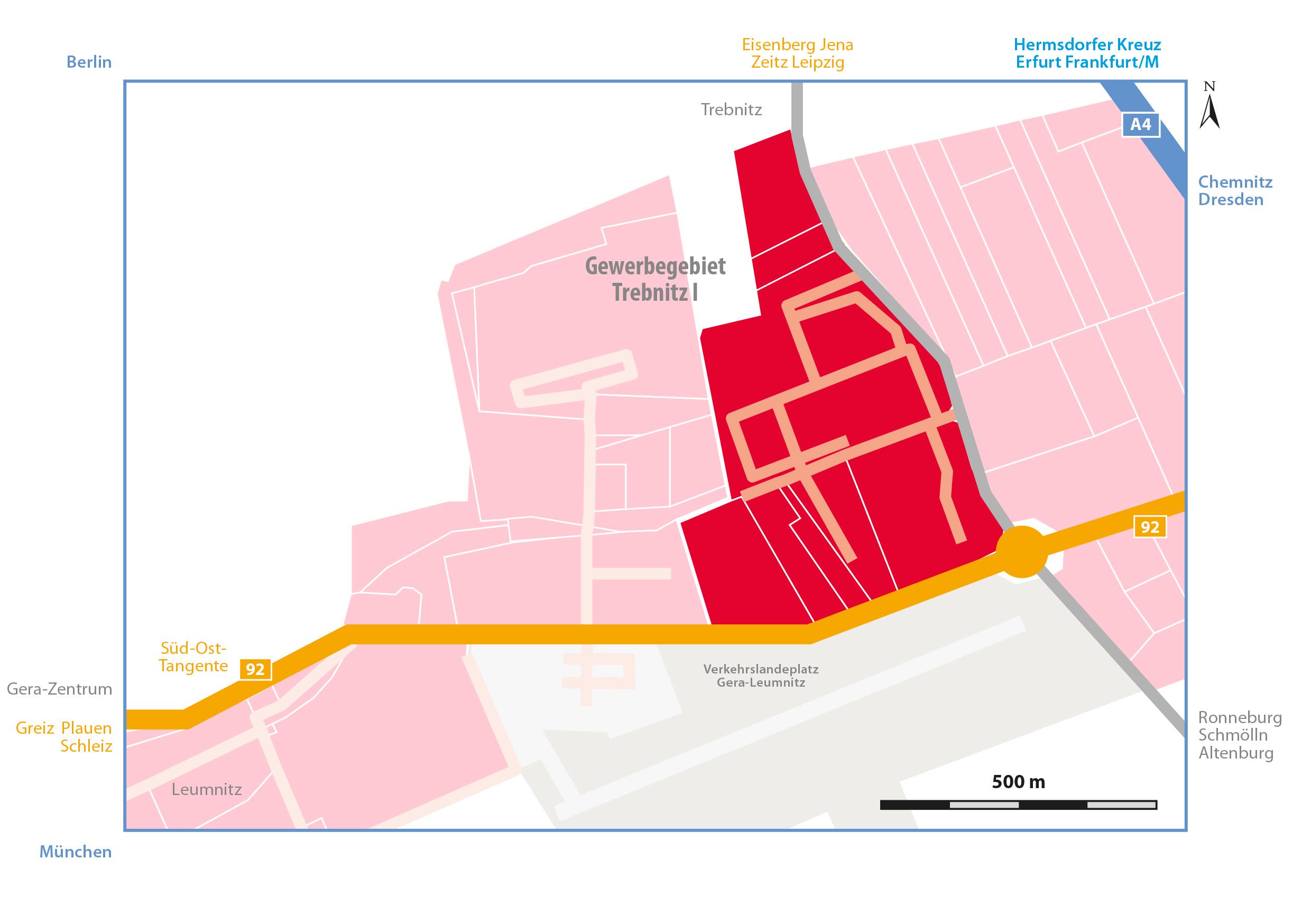 Die Abbildung zeigt die Detailkarte des Gebiets Trebnitz I "An der Beerenschänke I" mit der Anbindung an die B92. Hell hinterlegt sind die benachbarten Gebiete Trebnitz II und Zoche zu erkennen. Trebnitz I gegenüberliegend ist der Flugplatz Gera Leumnitz.. © Raatz Marketing GmbH