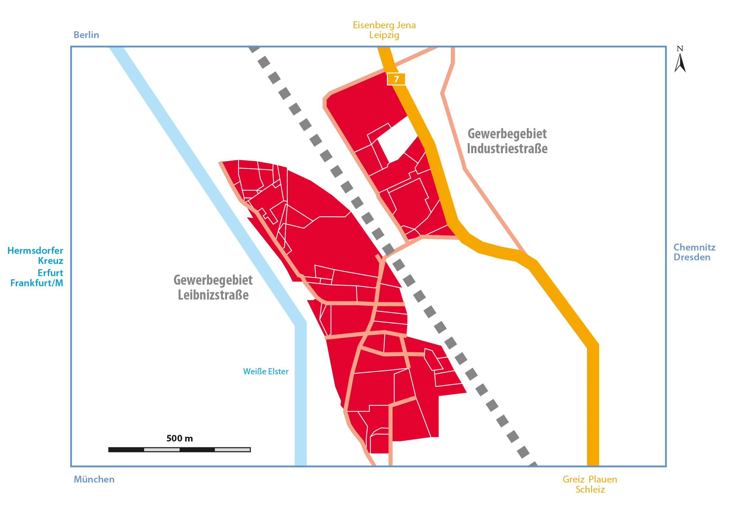 Die Karte zeigt den Großraum Nordkreuz mit den zugehörigen sieben Gewerbegebieten.. © Raatz Marketing GmbH