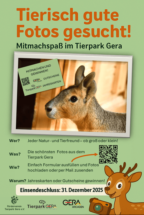 ein Werbeplakat zur Aktion des Fotowettbewerbs mit einem Pampashasen darauf. © Förderverein Tierpark Gera e.V.