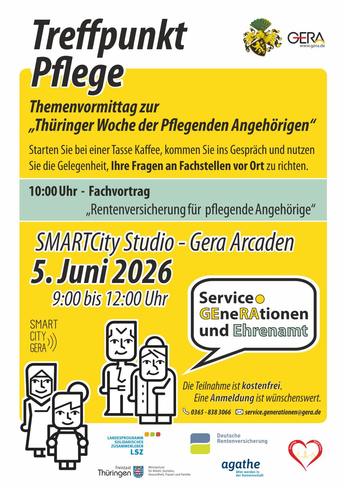 Veranstaltungsplakat für "Treffpunkt Pflege". Eine Veranstaltung zur Thüringer Woche der pflegenden Angehörigen 2026. © Stadt Gera