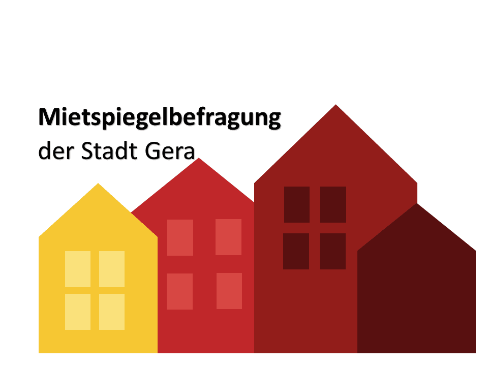 Eine stilisierte Häusergrafik in warmen rot-tönen und gelben Akzent mit dem Schriftzug "Mietspiegelbefragung der Stadt Gera". © Stadtverwaltung Gera