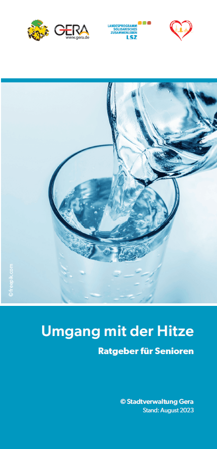 Flyer zur Hitzeprävention mit Wasserglas.. © Stadt Gera, Amt für Gesundheit und Versorgung