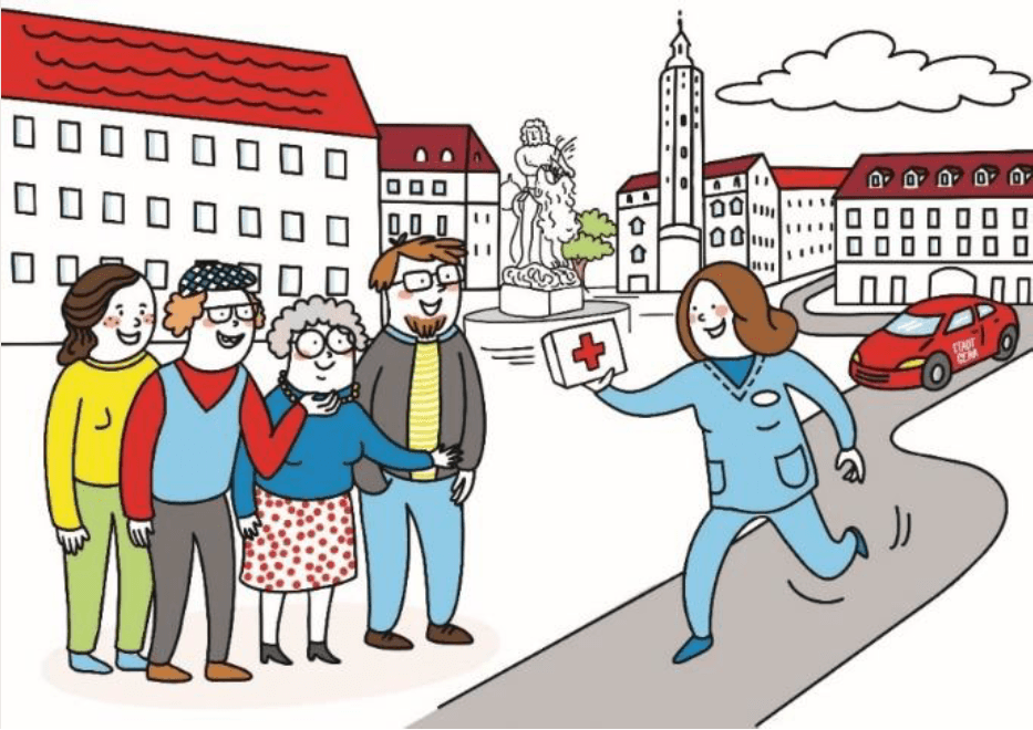 Marktplatz Gera mit 5 Personen. Eine Person zeigt Notfallkoffer mit Informationen.. © Stadt Gera