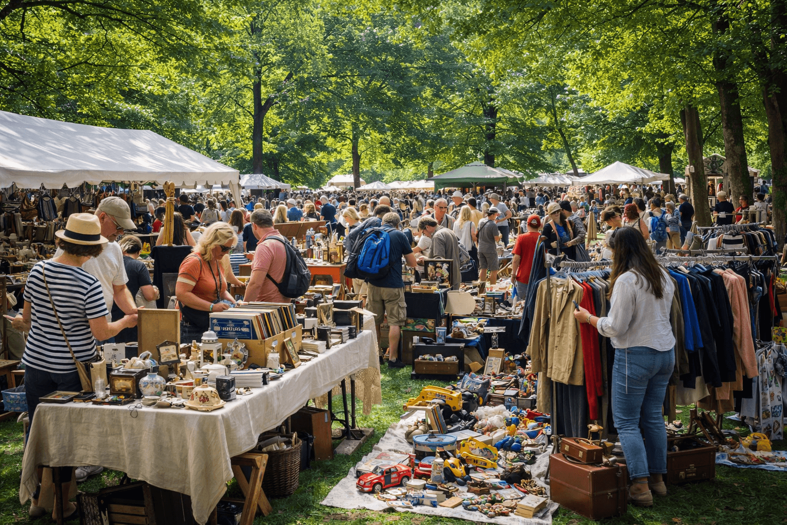 KI-generierte Darstellung eines lebendigen Trödelmarktes im Park. © KI / ChatGPT, OpenAI