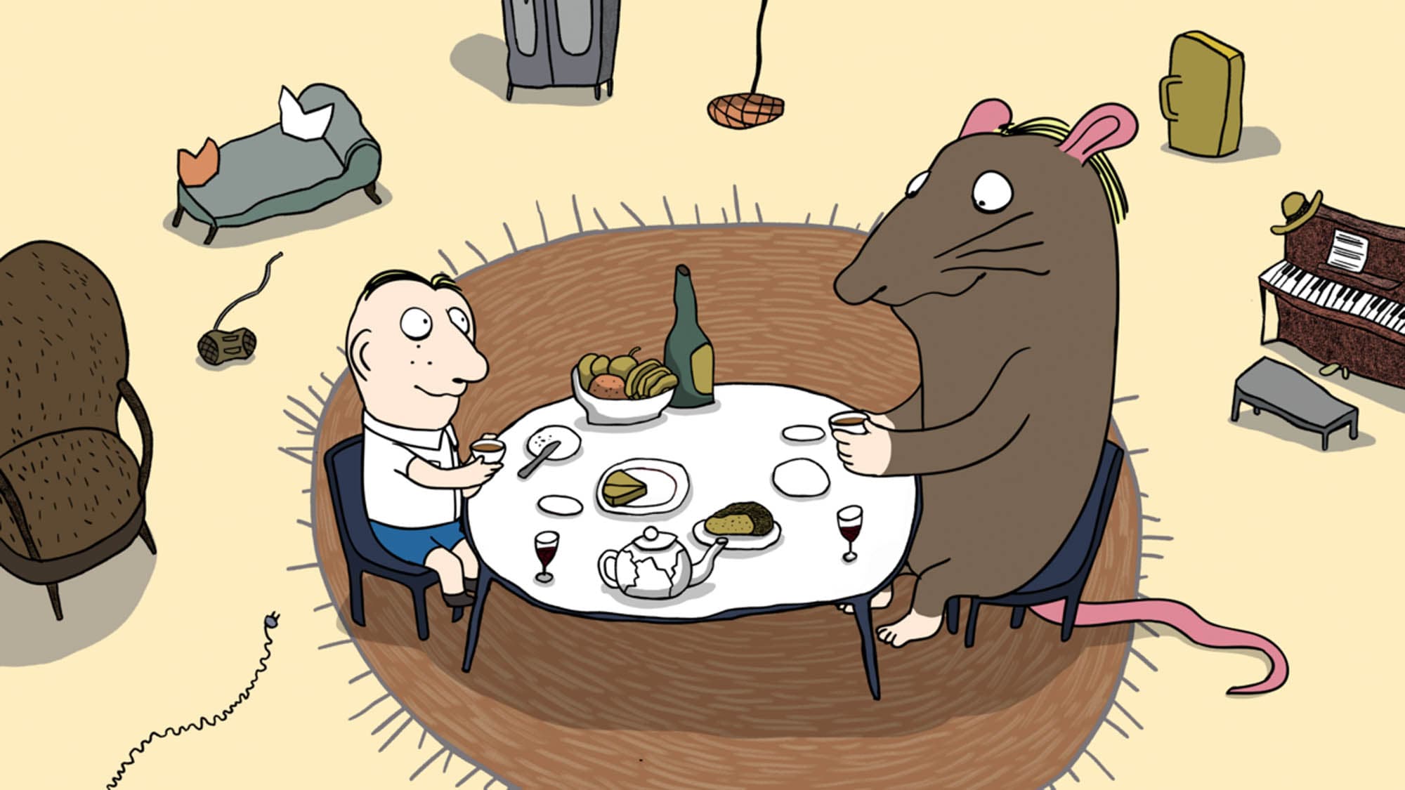 Illustration von einer Maus und einem Jungen, sie sitzen gemeinsam am Tisch und trinken etwas.. © ©Protoplanet Studio