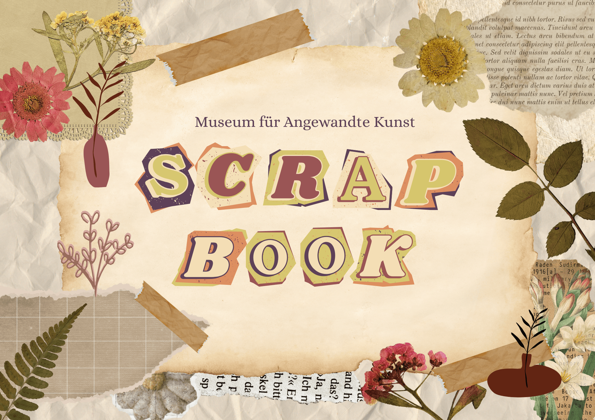 "Scrap-Book" auf einem vergilbten Zettel geschrieben. Die Buchstaben bestehen aus Papierschnipseln und sind alle unterschiedlich.