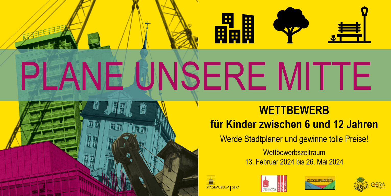 VERLÄNGERT! Wettbewerb 'Plane unsere Mitte' des Stadtmuseums Gera, für Kinder zwischen 6 und 12 Jahren - Hochhaus, Stadtmuseum und KUK sind verschiedenfarbig dargestellt. © Stadt Gera / Stadtmuseum