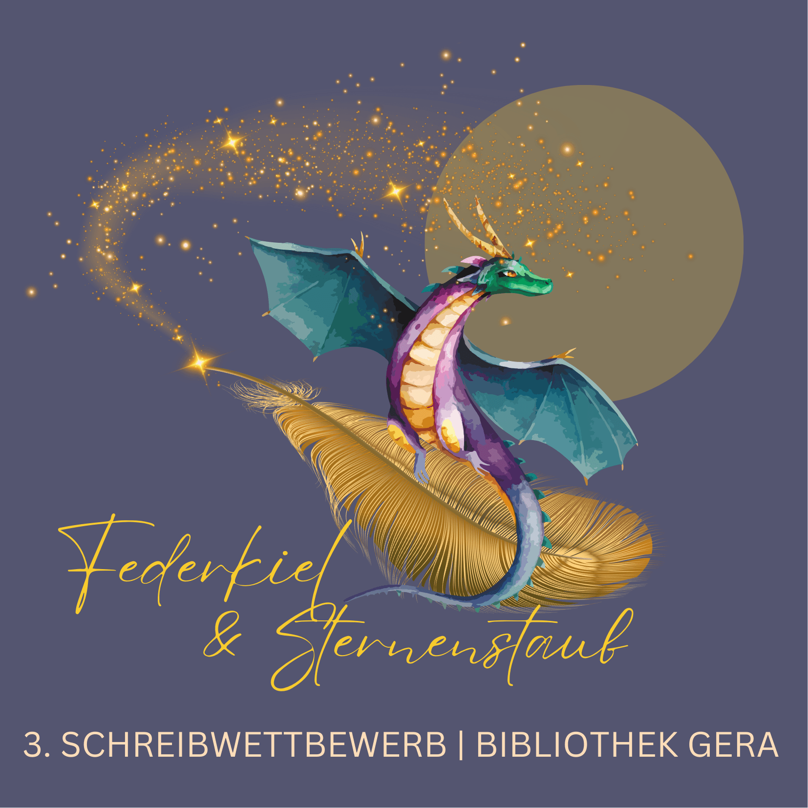 ein lila-grüner Drache reitet auf einer goldenen Feder, im Hintergrund ist der Mond und goldener Sternenstaub zu sehen. © Anja Wegner-Rau | Canva