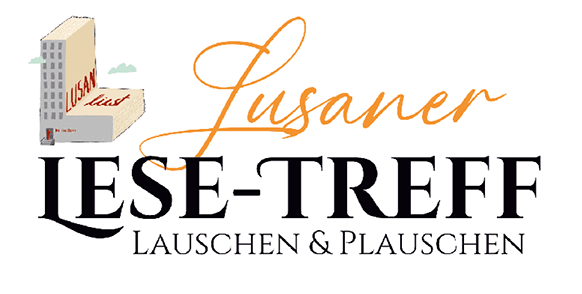 Logo der Lusaner Stadtteilbibliothek, Schriftzug in Orange und Schwarz