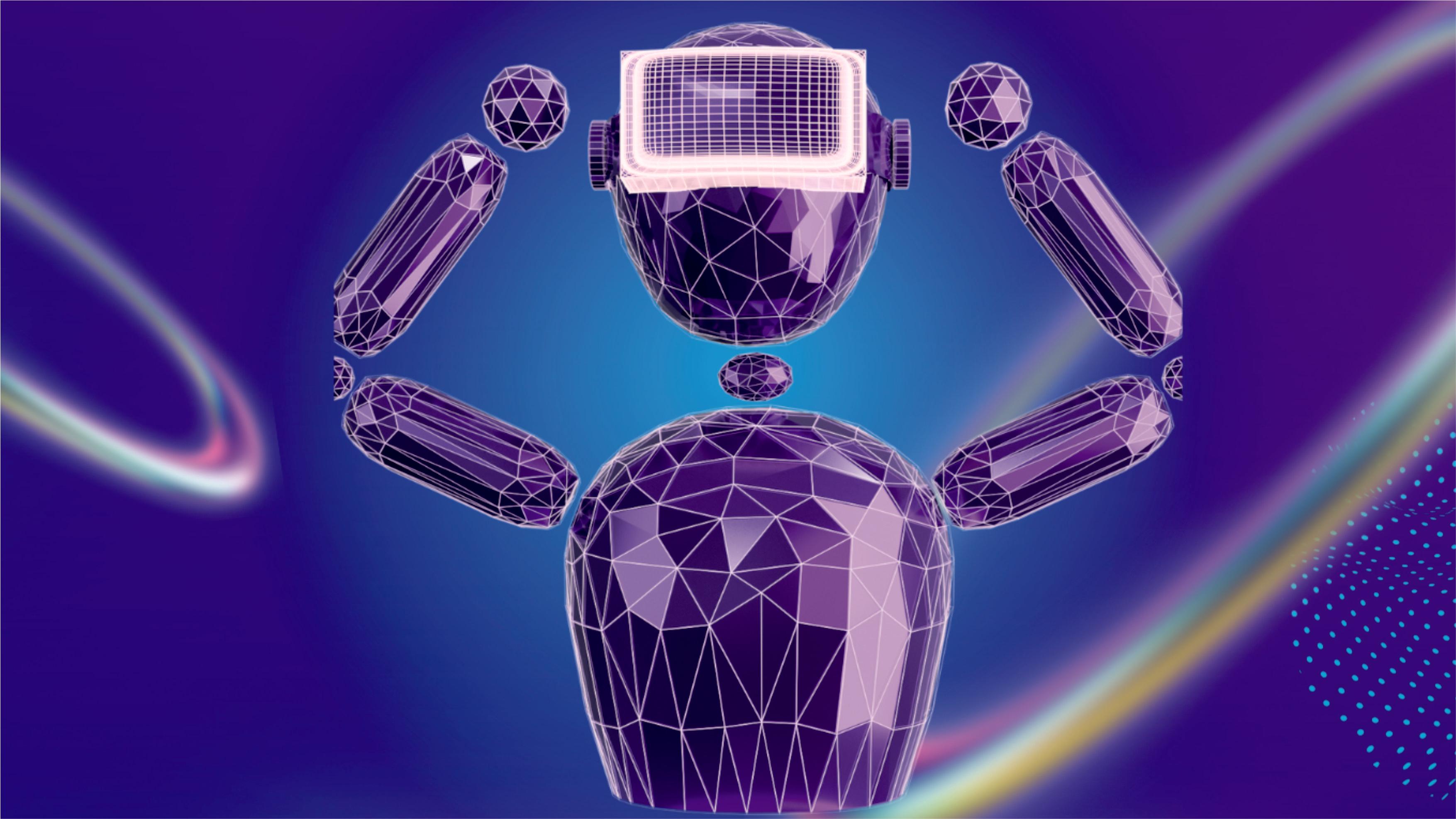 blauer Hintergrund, gläserner, blauglänzender Roboter, der die Arme hochhält