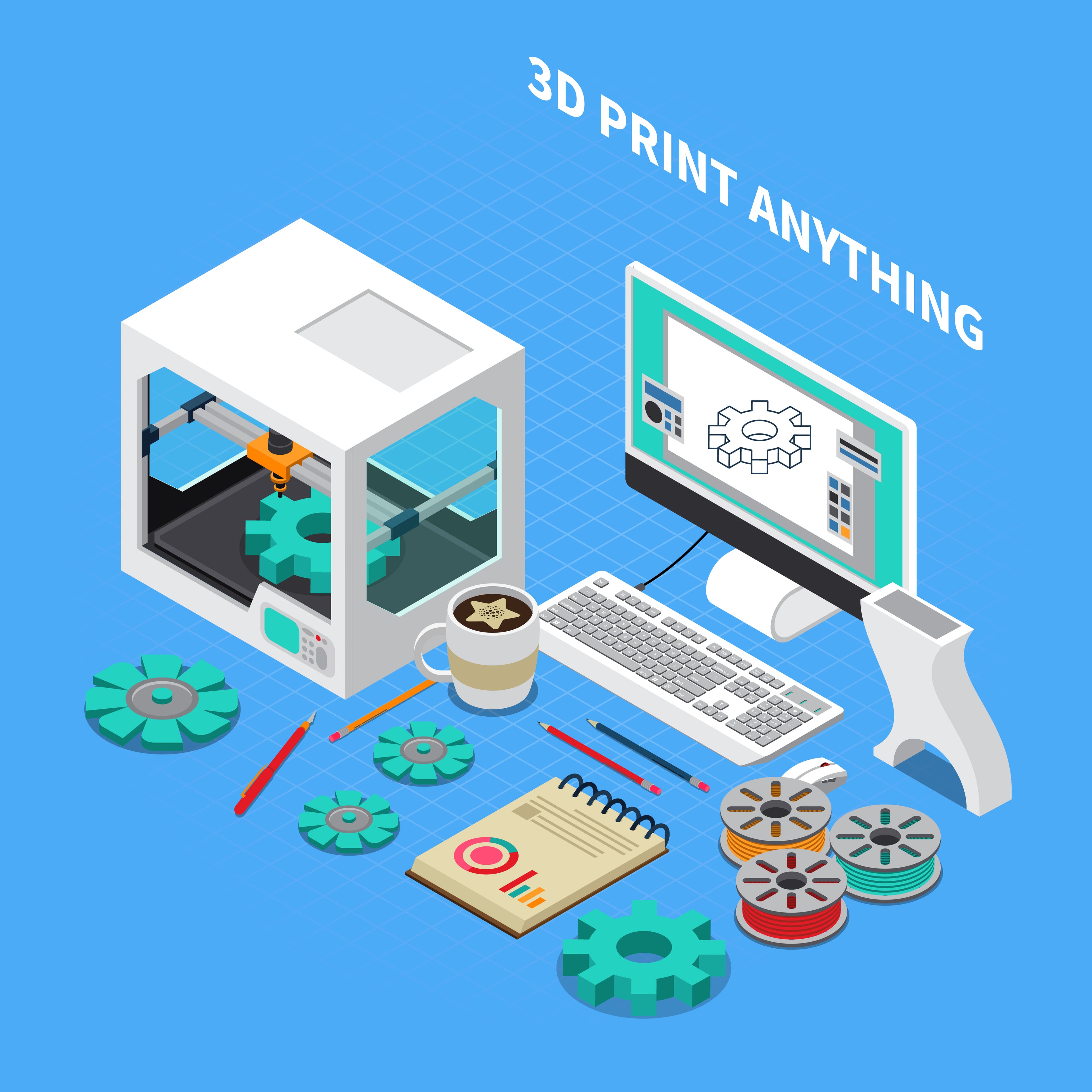 Linke Seite ein in Comic Stile dargestellter 3D Drucker sowie ein Computer und Zahnräder