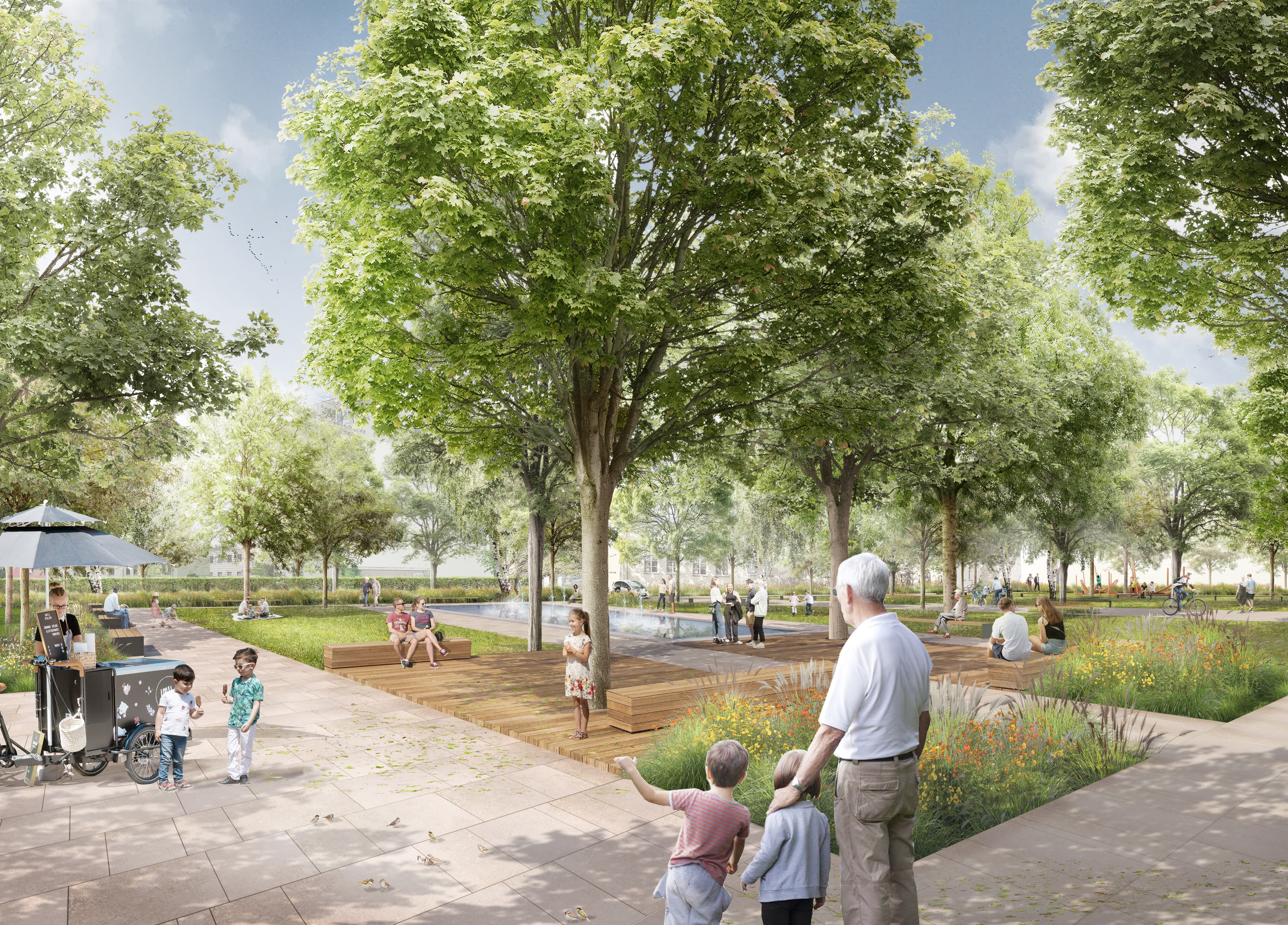 Eine grafische Visualisierung eines Parks mit Menschen. © Heinisch Landschaft Architekten Weimar