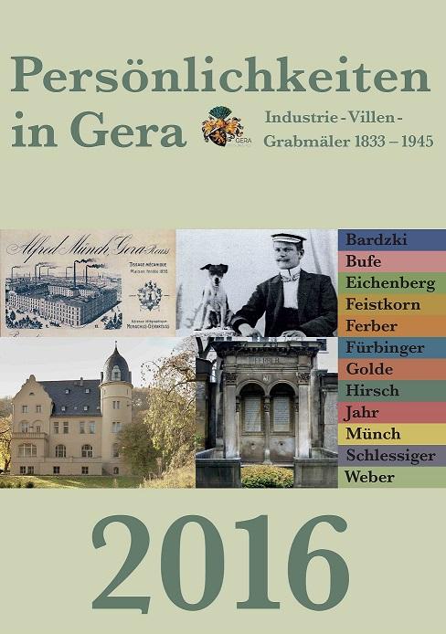 Umschlagseite mit Fotos der Villa Jahr, Grabmal Ferber, Porträt Emil Bufe, Mitinhaber der Porzellanmalerei Untermhaus und Briefkopf der Firma Münch