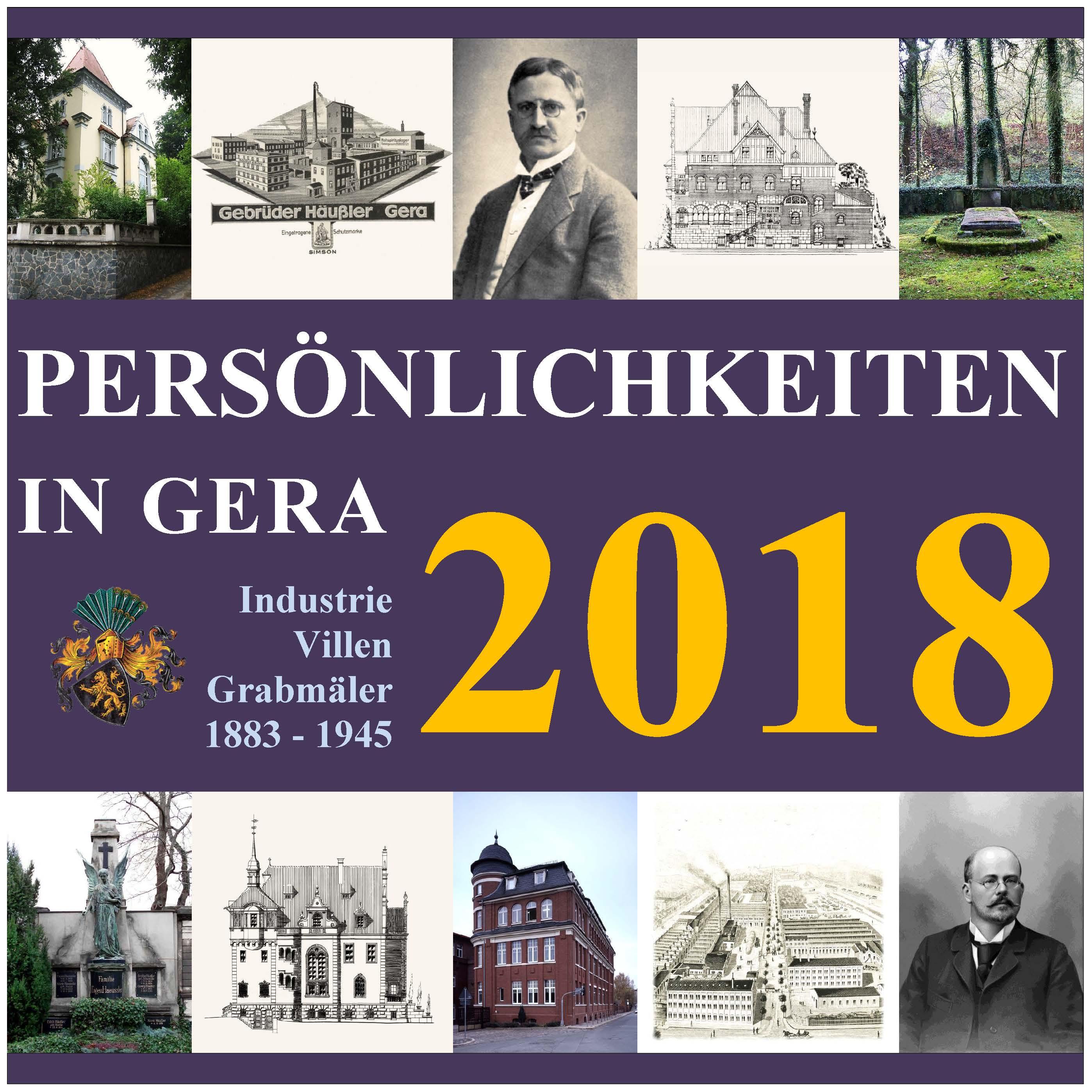 Umschlagseite mit kleinen Fotos Villa Köppe, Zeichnungen Villa Münch und Villa Oeser, Porträt Paul Schulenburg und Robert Ferber, Grabmal Häußler, Briefkopf der Firma Häußler und der Firma Hirsch. © Stadt Gera