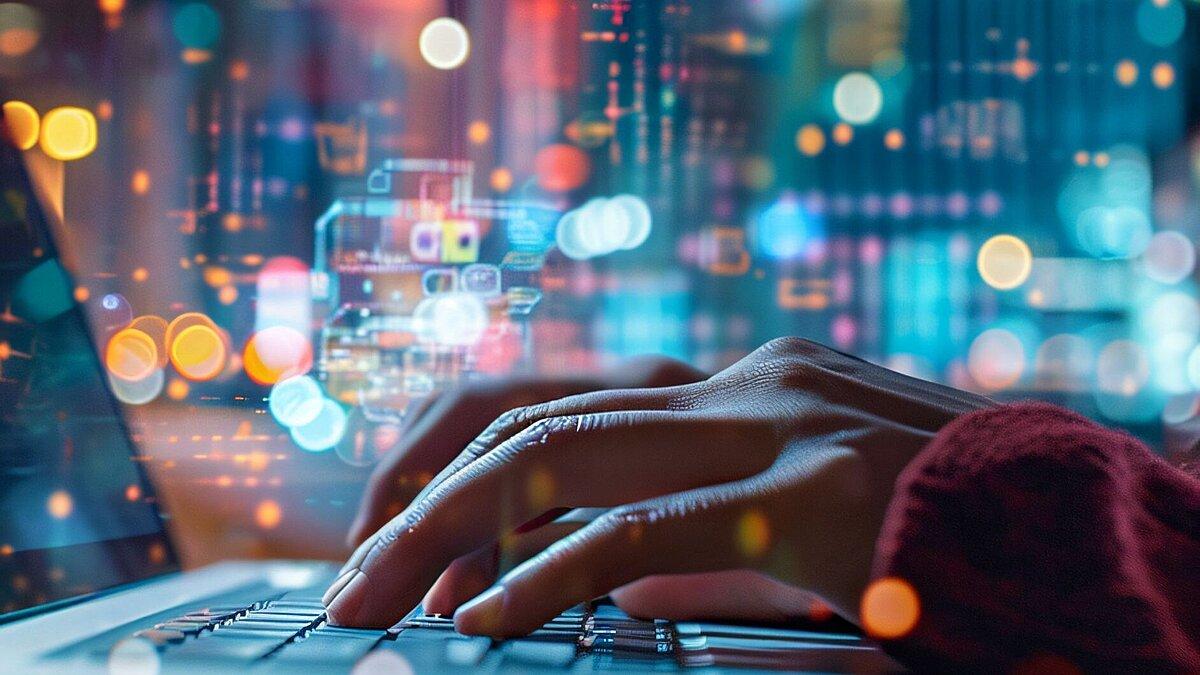 Hände tippen vor dem Hintergrund einer nächtlichen Skyline auf einem Laptop.. © freepik